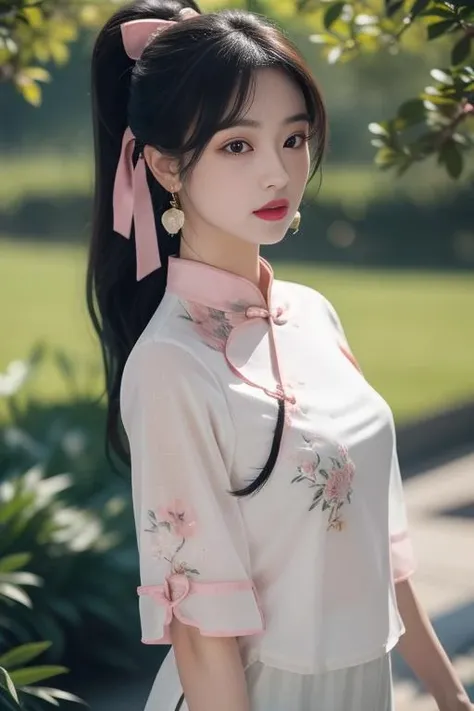 ltra-detailed,highly detailed,best quality,masterpiece,illustration,realistic,
mgftangzhuang, 1girl, solo, upper body, 
chinese clothes,shirt,hair ribbon,short sleeves, see-through sleeves,  see-through, 
pink shirt, print clothes,
hair ornament,  jewelry,  earrings, 
looking at viewer, dynamic pose, 
photo background, outdoors,riverbank,river, flower, grass, day,  depth of field, wind,
long hair, ponytail, bangs,
 <lora:mgftangzhuang_v1_03:0.7>