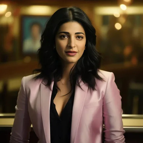 ShrutiHaasan, portrait,close up of a Woman, Singer, wearing Atmospheric Sci-fi Boyfriend blazer and skinny jeans, royal pose, Intensive Bar in background, Movie still, Disgusting, Low shutter, Calotype, (art by Carolina Herrera:1.2) ,  <lora:ShrutiHaasanSDXL:1>