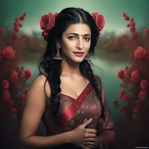 ShrutiHaasan, art by Caras Ionut, portrait, Contemporary flora, masterpiece,close up of a [Drab:Dreadful:4] Tasteless buff Girl, Producing music, wearing clothes designed by Mercedes-Benz, lush pond, monotype, moody lighting, Cathode tube,  <lora:ShrutiHaasanSDXL:1>