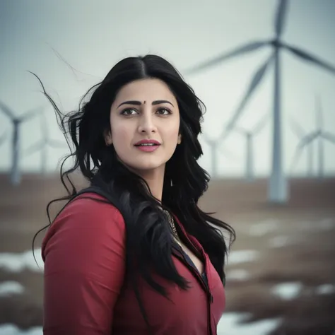 ShrutiHaasan, (art by Nicolas Bruno:1.0) , portrait,close up of a Fresh fat Female, Thunderer, inside a Feral Wind farm, Snowy, shallow depth of field, vibrant, hyperdetailed,  <lora:ShrutiHaasanSDXL:1>