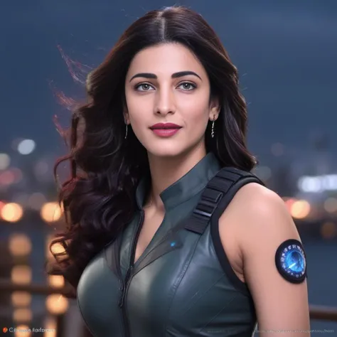 ShrutiHaasan, portrait,close up of a Bioluminescent Elite Macanese Female, Second Lieutenant, Stormy weather, hyper detailed,  <lora:ShrutiHaasanSDXL:1>