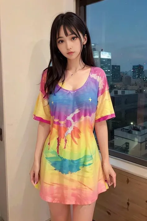 <lora:betterCuteAsian03:0.3>, woman posing for a photo, (wearing oversized_shirt, colorful dress:1.3),
good hand,4k, high-res, masterpiece, best quality, head:1.3,((Hasselblad photography)), finely detailed skin, sharp focus, (cinematic lighting), collarbone, night, soft lighting, dynamic angle, [:(detailed face:1.2):0.2],(((5 stars hotel))), outside,   <lora:colorful_dress:0.5>,   <lora:oversized_shirt:0.5>