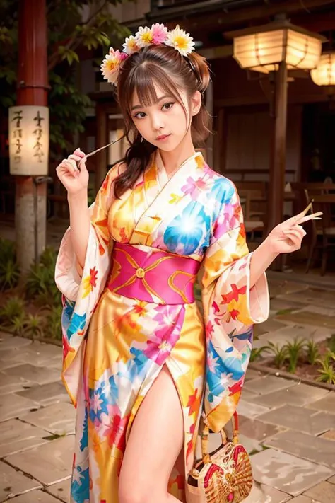 <lora:betterCuteAsian03:0.3>, woman posing for a photo, (wearing kimono_clothes, colorful dress:1.3),
good hand,4k, high-res, masterpiece, best quality, head:1.3,((Hasselblad photography)), finely detailed skin, sharp focus, (cinematic lighting), collarbone, night, soft lighting, dynamic angle, [:(detailed face:1.2):0.2],(((5 stars hotel))), outside,   <lora:colorful_dress:0.5>,  <lora:realistic_kimono_clothes:0.5>