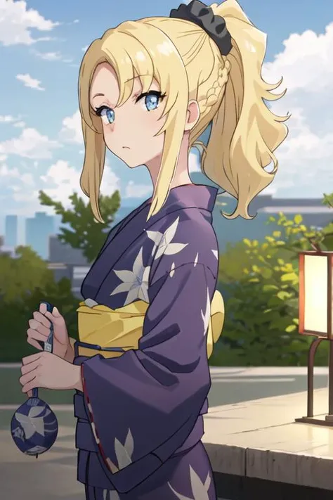 best quality, masterpiece, highres, solo, {yukata:1.40}, {kimono:1.20}, {toyohama_nodoka_seishunbutayarou:1.15}, blonde_hair, blue_eyes, scrunchie, hair_ornament, hair_scrunchie, closed_mouth, ponytail, bangs, braid, long_hair