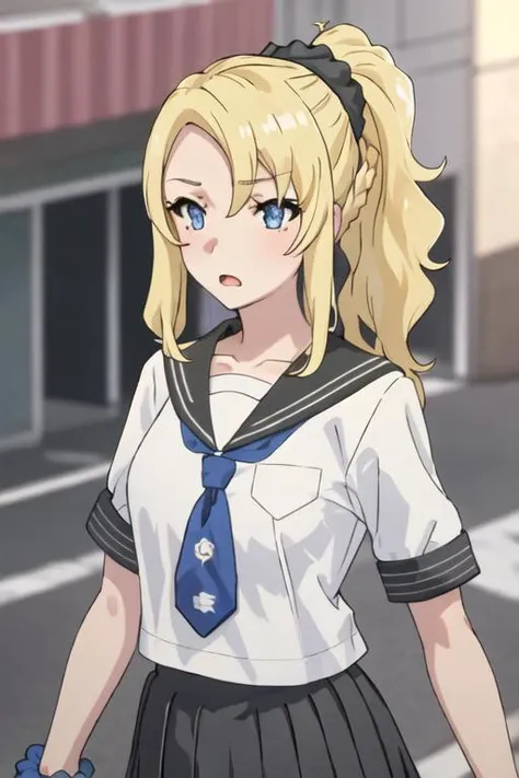 best quality, masterpiece, highres, solo, {toyohama_nodoka_seishunbutayarou:1.15}, blonde_hair, blue_eyes, scrunchie, hair_ornament, hair_scrunchie, closed_mouth, ponytail, bangs, braid, long_hair, blurry, blurry_background, hair_between_eyes, sailor_collar, school_uniform, serafuku, shirt, side_ponytail, white_shirt, black_sailor_collar, black_skirt, blue_necktie, blue_scrunchie, looking_at_viewer, necktie, outdoors, pleated_skirt, short_sleeves, skirt, 1girl, open_mouth