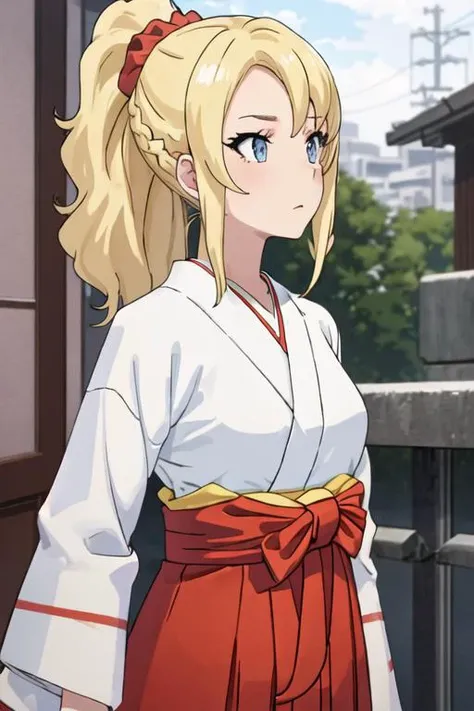 best quality, masterpiece, highres, solo, {white kimono:1.35}, {red hakama:1.35}, {wide sleeves:1.20}, {toyohama_nodoka_seishunbutayarou:1.15}, blonde_hair, blue_eyes, scrunchie, hair_ornament, hair_scrunchie, closed_mouth, ponytail, bangs, braid, long_hair