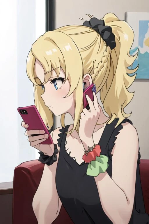 best quality, masterpiece, highres, solo, {toyohama_nodoka_seishunbutayarou:1.15}, blonde_hair, blue_eyes, scrunchie, hair_ornament, hair_scrunchie, closed_mouth, ponytail, bangs, braid, long_hair, 1girl, cellphone, holding, holding_phone, indoors, phone, from_side, profile, shirt, smartphone, sleeveless, anime_coloring, black_shirt, looking_at_phone, upper_body