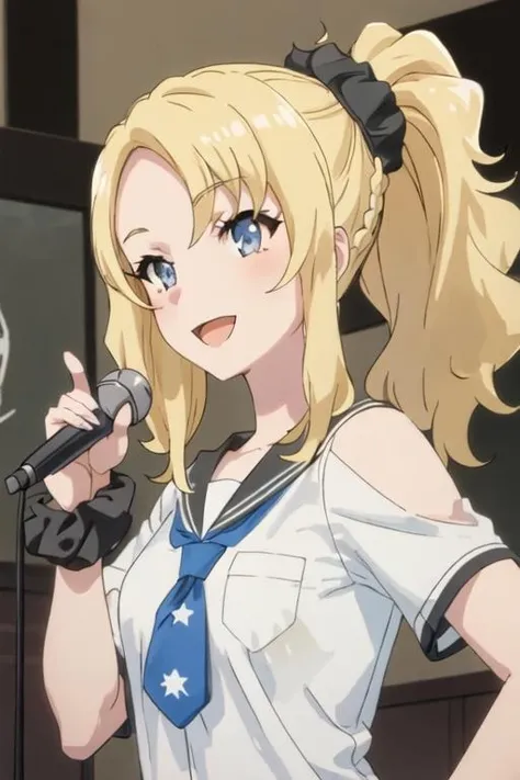 best quality, masterpiece, highres, solo, {toyohama_nodoka_seishunbutayarou:1.15}, blonde_hair, blue_eyes, scrunchie, hair_ornament, hair_scrunchie, closed_mouth, ponytail, bangs, braid, long_hair, 1girl, holding, looking_at_viewer, microphone, open_mouth, smile, holding_microphone, upper_body, :d, plaid, shirt