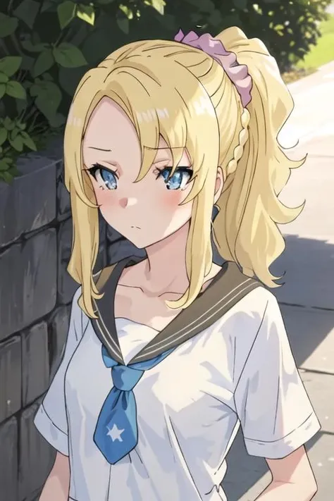 best quality, masterpiece, highres, solo, {toyohama_nodoka_seishunbutayarou:1.15}, blonde_hair, blue_eyes, scrunchie, hair_ornament, hair_scrunchie, closed_mouth, ponytail, bangs, braid, long_hair, 1girl, anime_coloring, blush, collarbone, outdoors, portrait, hair_between_eyes, upper_body, shirt
