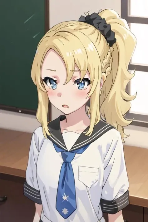 best quality, masterpiece, highres, solo, {toyohama_nodoka_seishunbutayarou:1.15}, blonde_hair, blue_eyes, scrunchie, hair_ornament, hair_scrunchie, closed_mouth, ponytail, bangs, braid, long_hair, 1girl, anime_coloring, indoors, sailor_collar, school_uniform, serafuku, black_scrunchie, shirt, upper_body, blurry_background, white_shirt, blue_necktie, blurry, necktie, open_mouth, side_ponytail, blush, short_sleeves