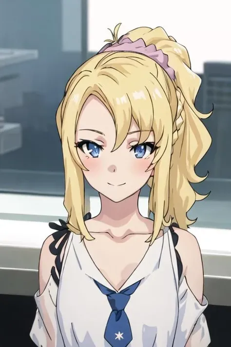 best quality, masterpiece, highres, solo, {toyohama_nodoka_seishunbutayarou:1.15}, blonde_hair, blue_eyes, scrunchie, hair_ornament, hair_scrunchie, closed_mouth, ponytail, bangs, braid, long_hair, 1girl, anime_coloring, bare_shoulders, blush, collarbone, hair_between_eyes, looking_at_viewer, portrait, sidelocks, smile