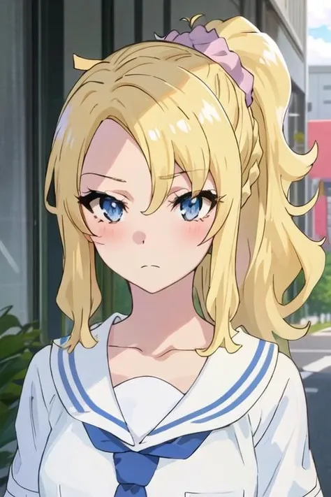 best quality, masterpiece, highres, solo, {toyohama_nodoka_seishunbutayarou:1.15}, blonde_hair, blue_eyes, scrunchie, hair_ornament, hair_scrunchie, closed_mouth, ponytail, bangs, braid, long_hair, 1girl, anime_coloring, blush, collarbone, outdoors, portrait, hair_between_eyes, upper_body, shirt