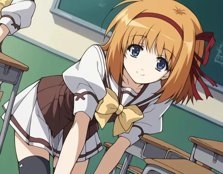 score_9, score_8_up, score_7_up, source_anime,
kaedefuyou, <lora:kaede-fuyou-s1-ponyxl-lora-nochekaiser:1>,
kaede fuyou, short hair, orange hair, hair ribbon, hairband, blue eyes,
skirt, bow, ribbon, school uniform, short sleeves, pleated skirt, serafuku, socks, puffy sleeves, bowtie, puffy short sleeves, black socks, yellow bow, yellow bowtie,
indoors, classroom, bent over, smile,
cowboy shot, looking at viewer, solo, dutch angle,