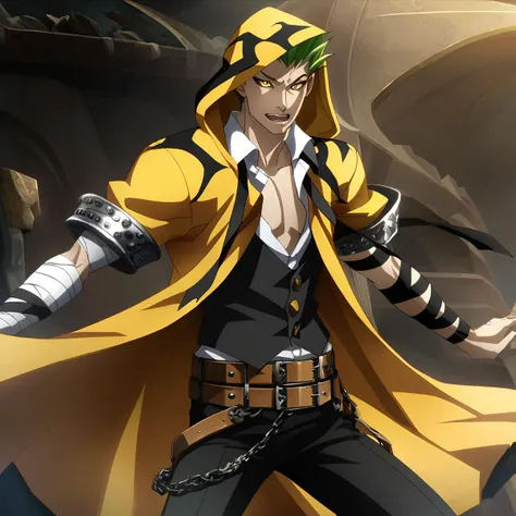 anime artwork illustrating TerumiBB,1boy,yellow eyes,short hair,green hair,spiked hair,hooded yellow cape with black markings,(2 belts),black pants,black ribbons,bandaged arms,black vest,open shirt,loose black necktie,black pants,steel-toed-shoes. created by japanese anime studio. highly emotional. best quality, high resolution, HDR photo of TerumiBB,1boy,yellow eyes,short hair,green hair,spiked hair,hooded yellow cape with black markings,(2 belts),black pants,black ribbons,bandaged arms,black vest,open shirt,loose black necktie,black pants,steel-toed-shoes . High dynamic range, vivid, rich details, clear shadows and highlights, realistic, intense, enhanced contrast, highly detailed, TerumiBB,1boy,yellow eyes,short hair,green hair,spiked hair,hooded yellow cape with black markings,(2 belts),black pants,black ribbons,bandaged arms,black vest,open shirt,loose black necktie,black pants,steel-toed-shoes, extremely detailed, winning, intricate, cinematic