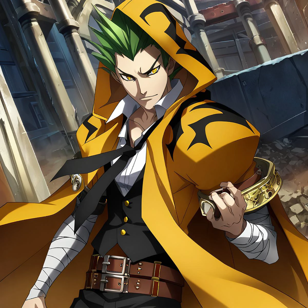 anime artwork illustrating TerumiBB,1boy,yellow eyes,short hair,green hair,spiked hair,hooded yellow cape with black markings,(2 belts),black pants,black ribbons,bandaged arms,black vest,open shirt,loose black necktie,black pants,steel-toed-shoes. created by japanese anime studio. highly emotional. best quality, high resolution, HDR photo of TerumiBB,1boy,yellow eyes,short hair,green hair,spiked hair,hooded yellow cape with black markings,(2 belts),black pants,black ribbons,bandaged arms,black vest,open shirt,loose black necktie,black pants,steel-toed-shoes . High dynamic range, vivid, rich details, clear shadows and highlights, realistic, intense, enhanced contrast, highly detailed, TerumiBB,1boy,yellow eyes,short hair,green hair,spiked hair,hooded yellow cape with black markings,(2 belts),black pants,black ribbons,bandaged arms,black vest,open shirt,loose black necktie,black pants,steel-toed-shoes, intricate, detailed, winning, color, bright