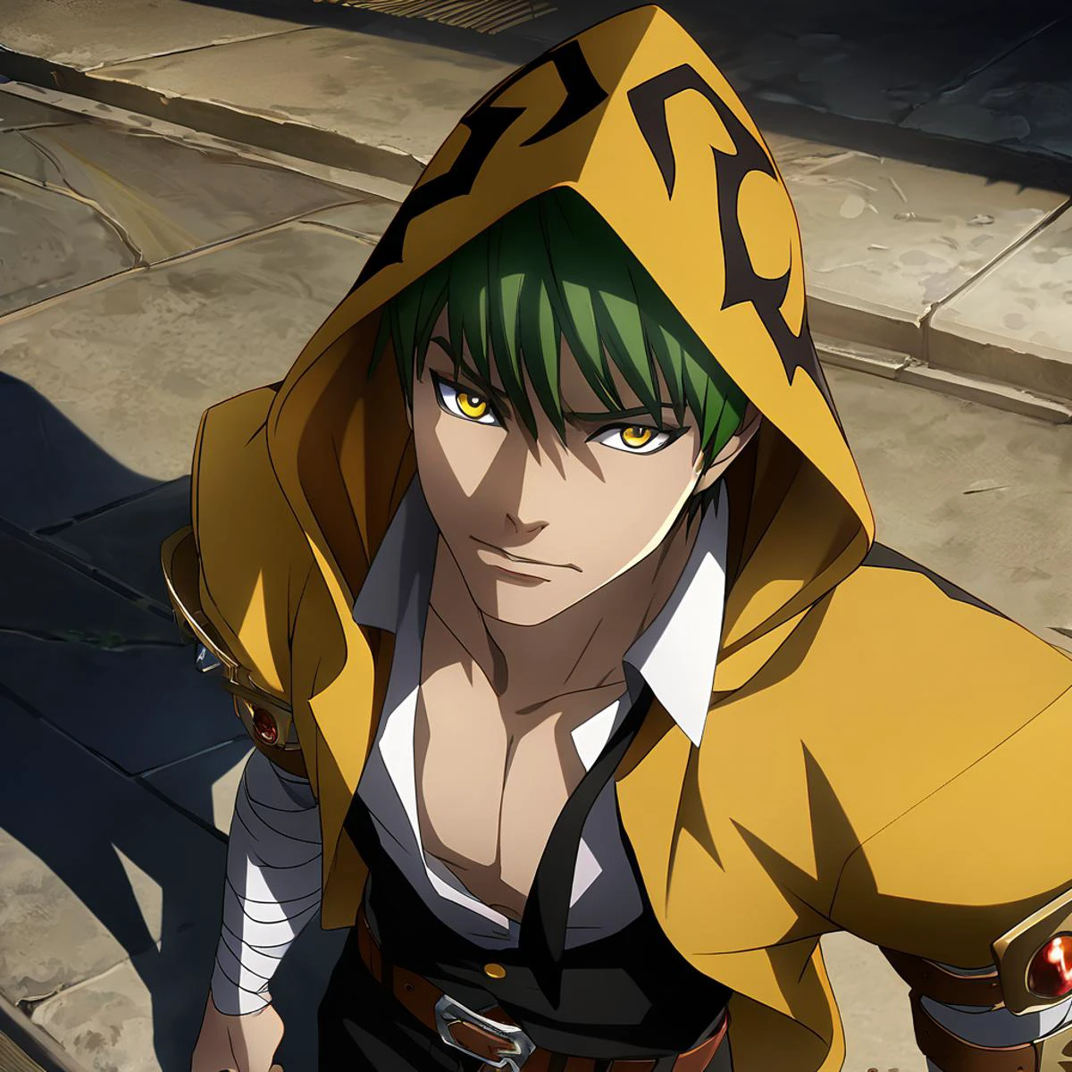 anime artwork illustrating TerumiBB,1boy,yellow eyes,short hair,green hair,hooded yellow cape,(2 belts),black pants,black ribbons,bandaged arms,black vest,open shirt,loose black necktie,black pants. created by japanese anime studio. highly emotional. best quality, high resolution, HDR photo of TerumiBB,1boy,yellow eyes,short hair,green hair,hooded yellow cape,(2 belts),black pants,black ribbons,bandaged arms,black vest,open shirt,loose black necktie,black pants . High dynamic range, vivid, rich details, clear shadows and highlights, realistic, intense, enhanced contrast, highly detailed, TerumiBB,1boy,yellow eyes,short hair,green hair,hooded yellow cape,(2 belts),black pants,black ribbons,bandaged arms,black vest,open shirt,loose black necktie,black pants, cinematic, highly detailed, advanced, cool color, deep vibrant, focused, rich vivid colors, romantic, magical, striking