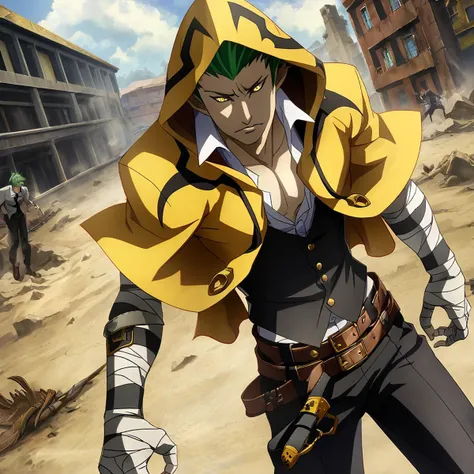 anime artwork illustrating TerumiBB,1boy,yellow eyes,short hair,green hair,spiked hair,hooded yellow cape with black markings,(2 belts),black pants,black ribbons,bandaged arms,black vest,open shirt,loose black necktie,black pants,steel-toed-shoes. created by japanese anime studio. highly emotional. best quality, high resolution, HDR photo of TerumiBB,1boy,yellow eyes,short hair,green hair,spiked hair,hooded yellow cape with black markings,(2 belts),black pants,black ribbons,bandaged arms,black vest,open shirt,loose black necktie,black pants,steel-toed-shoes . High dynamic range, vivid, rich details, clear shadows and highlights, realistic, intense, enhanced contrast, highly detailed, TerumiBB,1boy,yellow eyes,short hair,green hair,spiked hair,hooded yellow cape with black markings,(2 belts),black pants,black ribbons,bandaged arms,black vest,open shirt,loose black necktie,black pants,steel-toed-shoes, highly detailed, focused focus, cinematic, quality