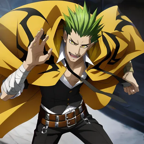 anime artwork illustrating TerumiBB,1boy,yellow eyes,short hair,green hair,spiked hair,hooded yellow cape with black markings,(2 belts),black pants,black ribbons,bandaged arms,black vest,open shirt,loose black necktie,black pants,steel-toed-shoes. created by japanese anime studio. highly emotional. best quality, high resolution, HDR photo of TerumiBB,1boy,yellow eyes,short hair,green hair,spiked hair,hooded yellow cape with black markings,(2 belts),black pants,black ribbons,bandaged arms,black vest,open shirt,loose black necktie,black pants,steel-toed-shoes . High dynamic range, vivid, rich details, clear shadows and highlights, realistic, intense, enhanced contrast, highly detailed, TerumiBB,1boy,yellow eyes,short hair,green hair,spiked hair,hooded yellow cape with black markings,(2 belts),black pants,black ribbons,bandaged arms,black vest,open shirt,loose black necktie,black pants,steel-toed-shoes, highly detailed, charming, sublime, extremely beautiful