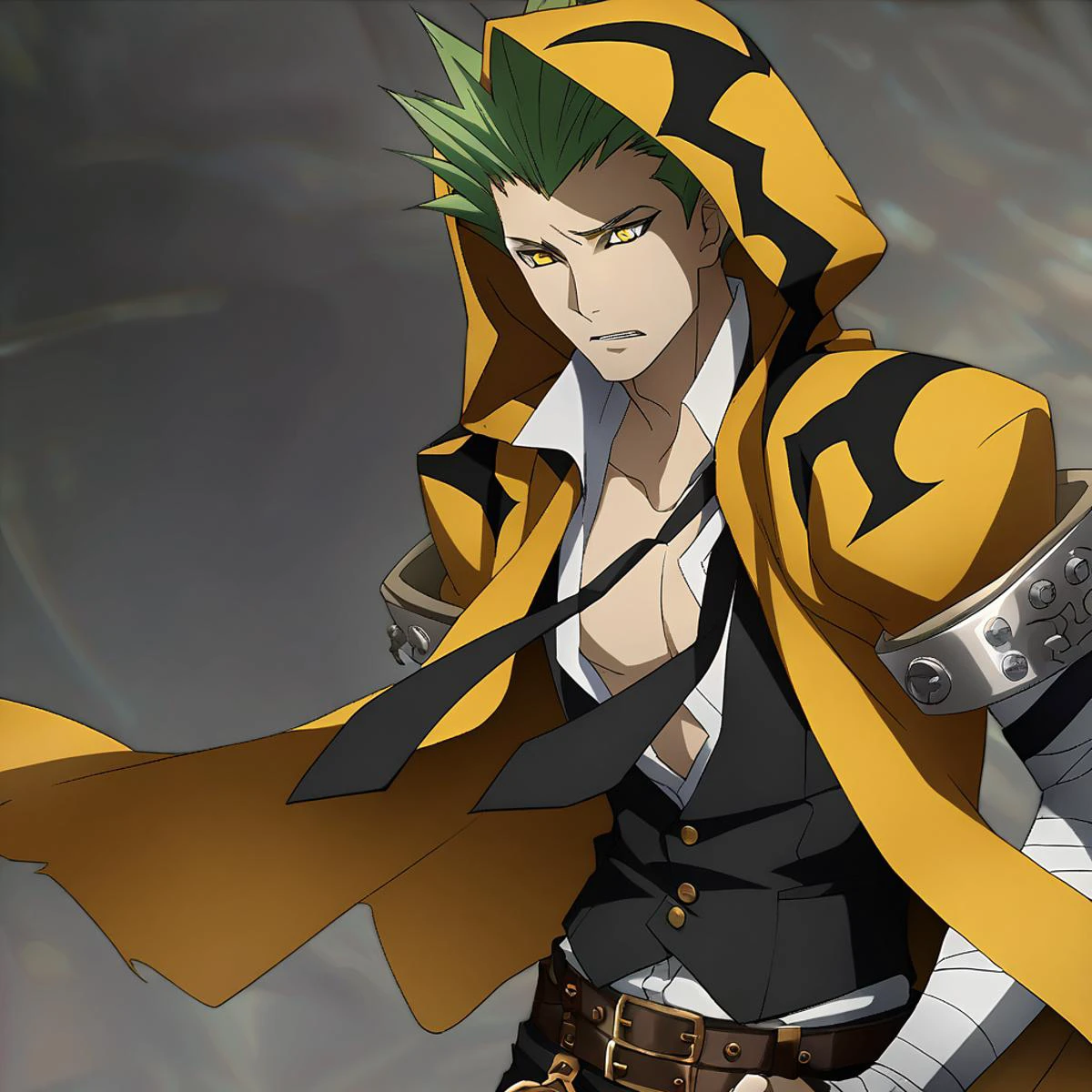 anime artwork illustrating TerumiBB,1boy,yellow eyes,short hair,green hair,spiked hair,hooded yellow cape with black markings,(2 belts),black pants,black ribbons,bandaged arms,black vest,open shirt,loose black necktie,black pants. created by japanese anime studio. highly emotional. best quality, high resolution, HDR photo of TerumiBB,1boy,yellow eyes,short hair,green hair,spiked hair,hooded yellow cape with black markings,(2 belts),black pants,black ribbons,bandaged arms,black vest,open shirt,loose black necktie,black pants . High dynamic range, vivid, rich details, clear shadows and highlights, realistic, intense, enhanced contrast, highly detailed, TerumiBB,1boy,yellow eyes,short hair,green hair,spiked hair,hooded yellow cape with black markings,(2 belts),black pants,black ribbons,bandaged arms,black vest,open shirt,loose black necktie,black pants, generous, warm, loving, caring, pretty, dramatic ambient light, sharp focus