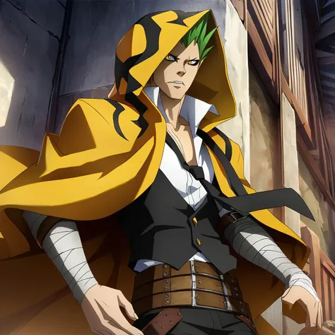 anime artwork illustrating TerumiBB,1boy,yellow eyes,snake-slit-styled eyes,short hair,green hair,spiked hair,hooded yellow cape with black markings,(2 belts),black pants,black ribbons,bandaged arms,black vest,open shirt,loose black necktie,black pants,steel-toed-shoes. created by japanese anime studio. highly emotional. best quality, high resolution, HDR photo of TerumiBB,1boy,yellow eyes,snake-slit-styled eyes,short hair,green hair,spiked hair,hooded yellow cape with black markings,(2 belts),black pants,black ribbons,bandaged arms,black vest,open shirt,loose black necktie,black pants,steel-toed-shoes . High dynamic range, vivid, rich details, clear shadows and highlights, realistic, intense, enhanced contrast, highly detailed, TerumiBB,1boy,yellow eyes,snake-slit-styled eyes,short hair,green hair,spiked hair,hooded yellow cape with black markings,(2 belts),black pants,black ribbons,bandaged arms,black vest,open shirt,loose black necktie,black pants,steel-toed-shoes, sublime, extremely detailed, artistic, enhanced quality, bright colors, winning color, inspired, pretty, professional, elegant, intricate, highly contrasted, still, real, full perfect, cinematic, beautiful, dramatic, sharp focus, creative, positive, innocent, thought, fine, stunning, epic, light, illuminated, majestic, brilliant, complex, amazing, very inspirational