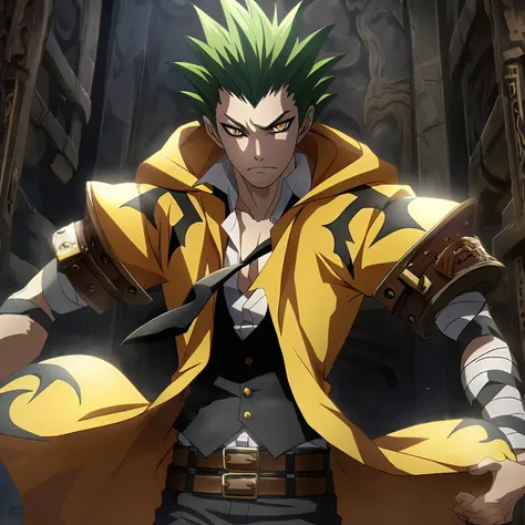 anime artwork illustrating TerumiBB,1boy,yellow eyes,short hair,green hair,spiked hair,hooded yellow cape with black markings,(2 belts),black pants,black ribbons,bandaged arms,black vest,open shirt,loose black necktie,black pants. created by japanese anime studio. highly emotional. best quality, high resolution, HDR photo of TerumiBB,1boy,yellow eyes,short hair,green hair,spiked hair,hooded yellow cape with black markings,(2 belts),black pants,black ribbons,bandaged arms,black vest,open shirt,loose black necktie,black pants . High dynamic range, vivid, rich details, clear shadows and highlights, realistic, intense, enhanced contrast, highly detailed, TerumiBB,1boy,yellow eyes,short hair,green hair,spiked hair,hooded yellow cape with black markings,(2 belts),black pants,black ribbons,bandaged arms,black vest,open shirt,loose black necktie,black pants, highly detailed, amazing, symmetry, intricate, cinematic, enhanced, artistic, extremely beautiful