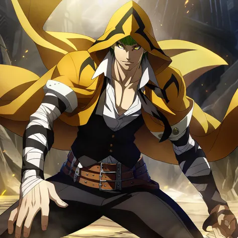 anime artwork illustrating TerumiBB,1boy,yellow eyes,snake-slit-styled eyes,short hair,green hair,spiked hair,hooded yellow cape with black markings,(2 belts),black pants,black ribbons,bandaged arms,black vest,open shirt,loose black necktie,black pants,steel-toed-shoes. created by japanese anime studio. highly emotional. best quality, high resolution, HDR photo of TerumiBB,1boy,yellow eyes,snake-slit-styled eyes,short hair,green hair,spiked hair,hooded yellow cape with black markings,(2 belts),black pants,black ribbons,bandaged arms,black vest,open shirt,loose black necktie,black pants,steel-toed-shoes . High dynamic range, vivid, rich details, clear shadows and highlights, realistic, intense, enhanced contrast, highly detailed, TerumiBB,1boy,yellow eyes,snake-slit-styled eyes,short hair,green hair,spiked hair,hooded yellow cape with black markings,(2 belts),black pants,black ribbons,bandaged arms,black vest,open shirt,loose black necktie,black pants,steel-toed-shoes, highly detailed, extremely beautiful, focused, intricate, cinematic, dynamic, light, crisp, focus, quality, glorious, bright, romantic, generous, inspiring, thought, very inspirational, attractive, best, glowing, dramatic, shiny, deep background, real, aesthetic, magical, sharp, winning, illuminated, stunning, gorgeous, epic, great composition, creative, fine