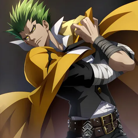 anime artwork illustrating TerumiBB,1boy,yellow eyes,short hair,green hair,spiked hair,hooded yellow cape with black markings,(2 belts),black pants,black ribbons,bandaged arms,black vest,open shirt,loose black necktie,black pants,steel-toed-shoes. created by japanese anime studio. highly emotional. best quality, high resolution, HDR photo of TerumiBB,1boy,yellow eyes,short hair,green hair,spiked hair,hooded yellow cape with black markings,(2 belts),black pants,black ribbons,bandaged arms,black vest,open shirt,loose black necktie,black pants,steel-toed-shoes . High dynamic range, vivid, rich details, clear shadows and highlights, realistic, intense, enhanced contrast, highly detailed, TerumiBB,1boy,yellow eyes,short hair,green hair,spiked hair,hooded yellow cape with black markings,(2 belts),black pants,black ribbons,bandaged arms,black vest,open shirt,loose black necktie,black pants,steel-toed-shoes, highly detailed, solid background, beautiful futuristic intricate