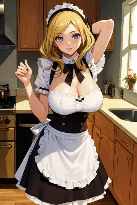 (masterpiece:1.3), best quality:1.4, detailed unity 8k wallpaper, highres, absurdres:1.2, depth of field:1.3, perfect lighting, cinematic shadows, highly detailed background, BREAK
 (super-perfect anatomy head face limbs arms hands fingers legs:1.3), BREAK
 (super-beautiful-detailed 1girl attractive-body gigantic-long-sagging-breasts hair face nose mouth fingers long-eyelashes kind-eyes character-design maid-clothes-headband), slender:1.5, constricted waist:1.3, BREAK
 milly_ashford, blonde hair, long hair, <lora:milly_ashford:0.8>, light smile, solo, kitchen room