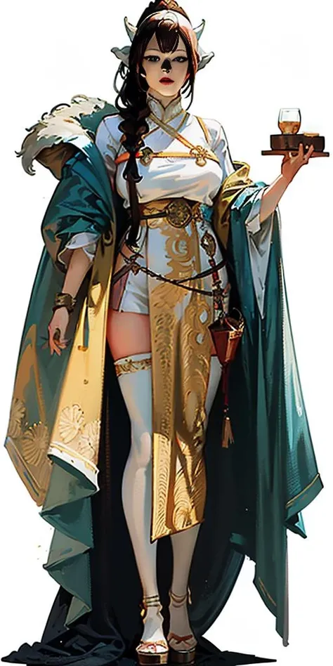master piece, best quality, highres, (photorealistic:1.4), (white background:1.9), 1girl, solo, long hair, large breasts, weapon, open mouth, wide sleeves, simple background,Cyanhair, ponytail, holding sword, fur trim, sheath,Gold japanese clothes, full body, thigh strap, very long hair, looking at viewer, sheathed, horns, platform footwear, mask, katana, bangs, long sleeves, shimenawa, rope, ribbon, <lora:aki:0.5>