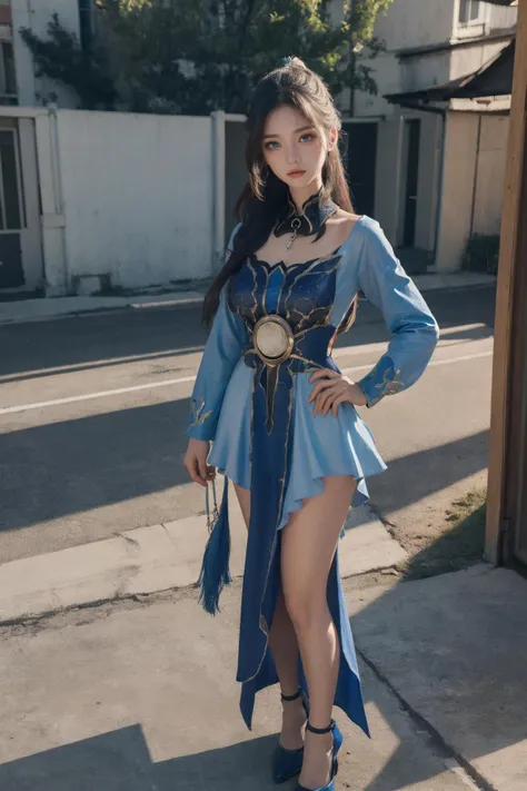 (Best Quality, Masterpiece:1.4), (Realism:1.2), (Realisitc:1.2), (Absurdres:1.2), (photorealistic:1.3), 1 girl,Realistic Skin,Solo,( Very Big Eyes,beautiful detailed eyes, symmetric eyes,), full body, outdoors,<lora:jingliu_honkai_star_rail:1> ,jingliu honkai, red eyes, long hair, dress, ponytail, blue dress