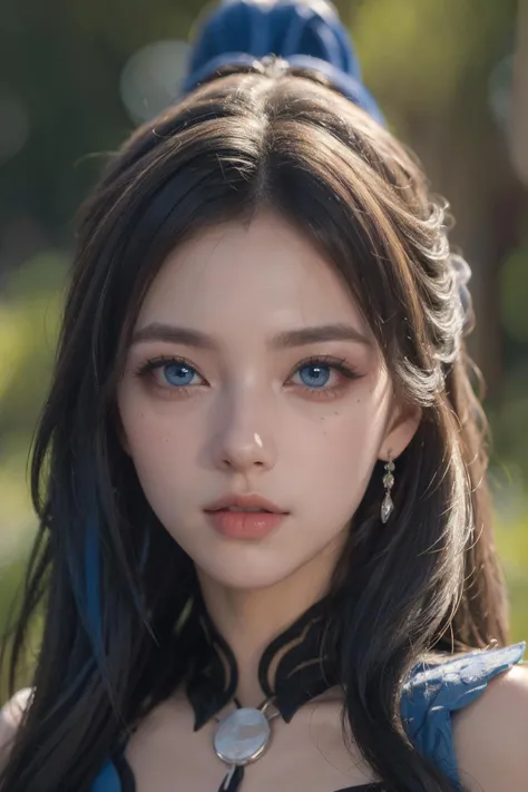 (Best Quality, Masterpiece:1.4), (Realism:1.2), (Realisitc:1.2), (Absurdres:1.2), (photorealistic:1.3), 1 girl,Realistic Skin,Solo,( Very Big Eyes,beautiful detailed eyes, symmetric eyes,), full body, outdoors,<lora:jingliu_honkai_star_rail:1> ,jingliu honkai, red eyes, long hair, dress, ponytail, blue dress