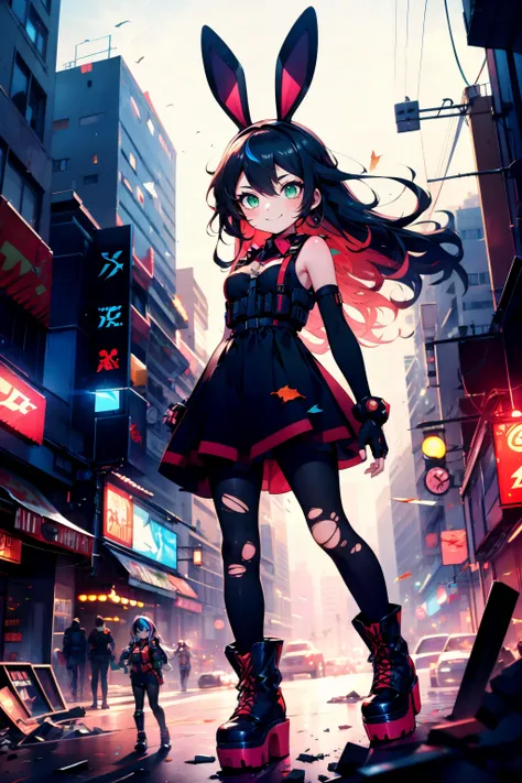 ruins, city, debris, night, dark, rim lighting, dynamic angle, dynamic pose, extreme close-up, 1girl, cyberpunk, playboy bunny, cyborg, mechanical arms, tactical vest, harness, streaked hair, long hair, green eyes, smile, platform combat boots, knee pads, shin guards, fingerless gloves, torn pantyhose, dress, spikes,