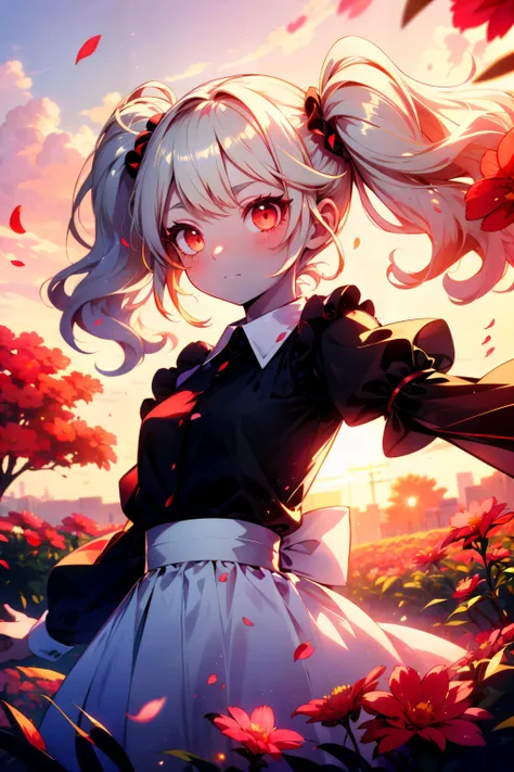 1girl, shiny skin, pale skin, glowing red eyes, twintails, long platinum blonde hair, curly hair, frilled shirt collar, frilled sleeves, juliet sleeves, white shirt, white high-waist skirt, red eyeshadow, see-through silhouette, flower field, flower petals, wind, sunset, dynamic pose, dynamic angle,