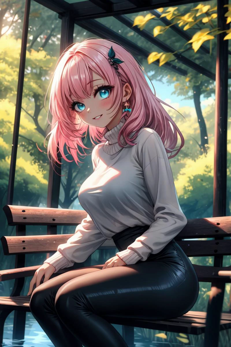 heavenly unrivaled elysia_\(honkai_impact\), pink_hair, (masterpiece, round_iris, crisp_crystaline_blue_eyes, eye_focus, mature woman, extremely_delicate_body, extremely_delicate_hand), feminine_expression, lovely_expression, delight_expression, from_side, [detailed_silk_pink_hair, long eyelashes, eyeliner, sparking_blue_eyes, parted lips, smile grim, light_skin, smooth_skin, soft_skin, round_breasts, small_breasts, perfect_breasts, detailed_clothes, thighs], scenery, lens_flare, vivid_colors, vibrant_colors, aesthetic
[park_bench, vibrant foliage, serene pond, rustling leaves, bird songs, relaxing, reflection, ease, teal, sunrise, sweater, leggings]
<lora:beautiful detailed eyes:0.7>
<lora:Furtastic_Detailer:1>
<lora:midjourney_20230624181825:0.6> midjourney