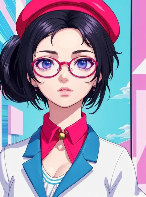 expressive eyes, perfect face, girl with a red beret and glasses, hair pulled into a ponytail, (((vaporwave)))