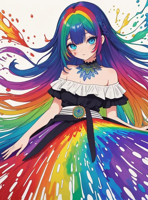 (Colored Hair: 1.2), (Rainbow Speckle: 1), (Rainbow Color Explosion: 1.2), (Color Art), (Solo: 1.2), (Front: 1.2), (All Colors of Rainbow: 1.2), (Rainbow Ink: 1.2), (Rainbow Ink Painting: 1.2), (Above Waist: 1.2), white off-the-shoulder shirt, great figure, (Sexy: 1.2), (Close-up: 1.2), looking at audience, large, watery eyes, (Rainbow hair: 1.2), color splash, solo, (Color Splash: 1.2), (Color Explosion: 1.2), messy lines, beautiful, (Mandala: 1.2), ((sparkling)), (Vibrant Colors), most beautiful chaotic form, elegant, wild design, vivid colors, romanticism, atmospheric, soul-stirring notes, (Fractal Art: 1.2), (Masterful Color Matching: 1.2), (Rainbow Smoke: 1.2), color, (Splash) (Color Splash), standing portrait, upper body, paint splash, acrylic paint, gradient, paint, highest image quality, masterpiece, depth-of-field, facial painting, colorful clothing, (Elegant: 1.2), gorgeous, long hair, wind, (Elegant: 1.3), (Wild Design: 1.2), ((Masterpiece)), (Best Quality), (Super High Detail), (Illustration), (Dynamic Angle), (Graceful), (Painting), (Colored Hair), (Striped Hair), beautiful and delicate eyes, (Gradient Eyes), (Colored Eyes), (Color Explosion Background)