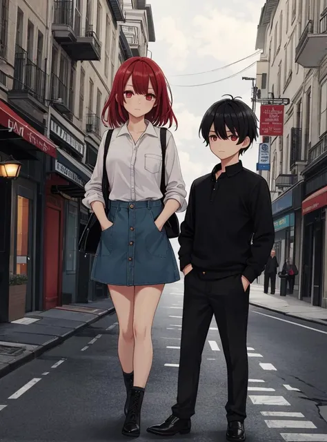 ilustration, best quality, expressive eyes, perfect face, beautiful light, (2people)
BREAK
(1girl, red eye, red hair)
BREAK
(1boy, black eye, black hair)
BREAK
hand in the pocket, looking at viewer, standing, full body, city background