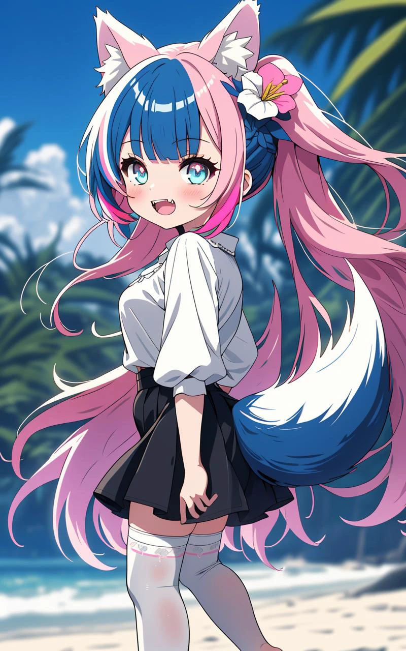 \\ Made with ONE FOR ALL model by Chaos Experience @ https://civitai.com/user/ChaosExperience/ \\
(cutesie), (Ultra-HD-details, discreet, emphasized-details, life-size-body)
1girl, solo, looking at viewer, silvervale, animal ear fluff, animal ears, (long foxtail), blue eyes, cat eyes, slit pupils, (blue hair, long hair, multicolored hair, multicolored tail, (pink hair, blue hair), pink tail, streaked hair, swept bangs), tail, thighhighs, twintails, white thighhighs, fox ears, foxgirl, sexy clothes, transparent doll, hair flower, hair ornament, barefoot, fullbody, teeth with fangs, happy, walk, from side, beach, blue sky
<lora:beautiful detailed eyes:0.7>
<lora:midjourney_20230624181825:0.6> midjourney
Style-BlurFore, Style-DoF, Style-EMCG
