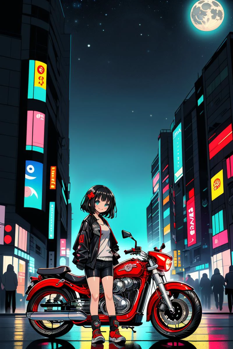 (life-size-body)
(masterpiece, dynamic lighting, (beautiful eyes:1.2), illustration, cute, shibuya city, japanese, ((red motorcycle:1.2)), street, 1girl, standing, model pose, turquoise eyes, smile, black hair, short hair, (cyberpunk black jacket), (cyberpunk:1), shorts, hair ornament, moonlight, moon, dark sky, windy, cityscape, depth of field, chibi
<lora:beautiful detailed eyes:0.5>
<lora:Furtastic_Detailer:0.7>
<lora:midjourney_20230624181825:0.6> midjourney