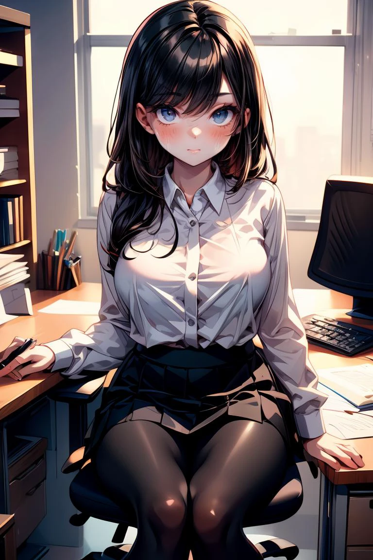 (masterpiece, best quality), a young black haired girl office secretary dressed in a transparent white blouse and black office skirt and black pantyhose ,sitting in an office chair, holding pencil, (detailed skin:1.3),(detailed eyes), (sharp focus), <lora:add_detail:1>