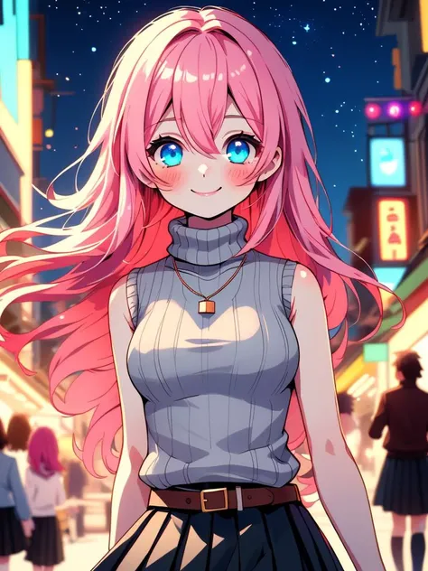 /imagine an anime picture in (Ultra-HD-details, discreet, emphasized-details, life-size-body, cutesie)
50mm lens
aperture opening of f/4.0
(cinematic light, depth of field, vivid colors like HDR+, sharp focus)
The youthful top model is posing for this image that frames (upper body) in a (night city background with starry night, fantasy, glowing), this top model is
1girl, pink hair, long hair, (Her silky hair sways in the wind), vivid blue eyes, hair between eyes, blush, confident smile, closed mouth, very cute, bangs, medium breasts, smile, (dressing a sweater, turtleneck sweater, (sleeveless), necklace, skirt, pleated skirt, (black skirt), black belt)
\\ Made with ONE FOR ALL checkpoint by Chaos Experience @ https://civitai.com/user/ChaosExperience/ \\