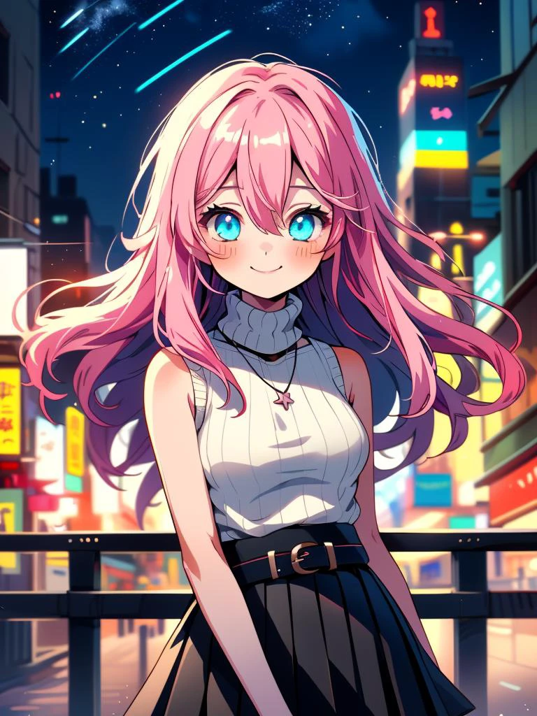 /imagine an anime picture in (Ultra-HD-details, discreet, emphasized-details, life-size-body, cutesie)
50mm lens
aperture opening of f/4.0
(cinematic light, depth of field, vivid colors like HDR+, sharp focus)
The youthful top model is posing for this image that frames (upper body) in a (night city background with starry night, fantasy, glowing), this top model is
1girl, pink hair, long hair, (Her silky hair sways in the wind), vivid blue eyes, hair between eyes, blush, confident smile, closed mouth, very cute, bangs, medium breasts, smile, (dressing a sweater, turtleneck sweater, (sleeveless), necklace, skirt, pleated skirt, (black skirt), black belt)
\\ Made with ONE FOR ALL checkpoint by Chaos Experience @ https://civitai.com/user/ChaosExperience/ \\