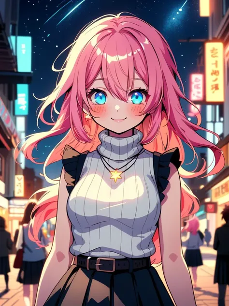 /imagine an anime picture in (Ultra-HD-details, discreet, emphasized-details, life-size-body, cutesie)
50mm lens
aperture opening of f/4.0
(cinematic light, depth of field, vivid colors like HDR+, sharp focus)
The youthful top model is posing for this image that frames (upper body) in a (night city background with starry night, fantasy, glowing), this top model is
1girl, pink hair, long hair, (Her silky hair sways in the wind), vivid blue eyes, hair between eyes, blush, confident smile, closed mouth, very cute, bangs, medium breasts, smile, (dressing a sweater, turtleneck sweater, (sleeveless), necklace, skirt, pleated skirt, (black skirt), black belt)
\\ Made with ONE FOR ALL checkpoint by Chaos Experience @ https://civitai.com/user/ChaosExperience/ \\