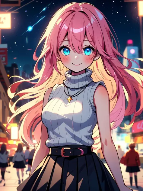 /imagine an anime picture in (Ultra-HD-details, discreet, emphasized-details, life-size-body, cutesie)
50mm lens
aperture opening of f/4.0
(cinematic light, depth of field, vivid colors like HDR+, sharp focus)
The youthful top model is posing for this image that frames (upper body) in a (night city background with starry night, fantasy, glowing), this top model is
1girl, pink hair, long hair, (Her silky hair sways in the wind), vivid blue eyes, hair between eyes, blush, confident smile, closed mouth, very cute, bangs, medium breasts, smile, (dressing a sweater, turtleneck sweater, (sleeveless), necklace, skirt, pleated skirt, (black skirt), black belt)
\\ Made with ONE FOR ALL checkpoint by Chaos Experience @ https://civitai.com/user/ChaosExperience/ \\