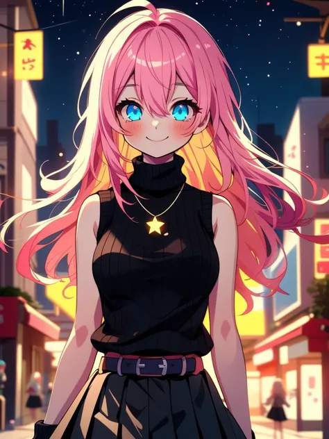 /imagine an anime picture in (Ultra-HD-details, discreet, emphasized-details, life-size-body, cutesie)
50mm lens
aperture opening of f/4.0
(cinematic light, depth of field, vivid colors like HDR+, sharp focus)
The youthful top model is posing for this image that frames (upper body) in a (night city background with starry night, fantasy, glowing), this top model is
1girl, pink hair, long hair, (Her silky hair sways in the wind), vivid blue eyes, hair between eyes, blush, confident smile, closed mouth, very cute, bangs, medium breasts, smile, (dressing a sweater, turtleneck sweater, (sleeveless), necklace, skirt, pleated skirt, (black skirt), black belt)
\\ Made with ONE FOR ALL checkpoint by Chaos Experience @ https://civitai.com/user/ChaosExperience/ \\