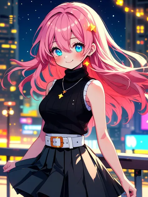 /imagine an anime picture in (Ultra-HD-details, discreet, emphasized-details, life-size-body, cutesie)
50mm lens
aperture opening of f/4.0
(cinematic light, depth of field, vivid colors like HDR+, sharp focus)
The youthful top model is posing for this image that frames (upper body) in a (night city background with starry night, fantasy, glowing), this top model is
1girl, pink hair, long hair, (Her silky hair sways in the wind), vivid blue eyes, hair between eyes, blush, confident smile, closed mouth, very cute, bangs, medium breasts, smile, (dressing a sweater, turtleneck sweater, (sleeveless), necklace, skirt, pleated skirt, (black skirt), black belt)
\\ Made with ONE FOR ALL checkpoint by Chaos Experience @ https://civitai.com/user/ChaosExperience/ \\