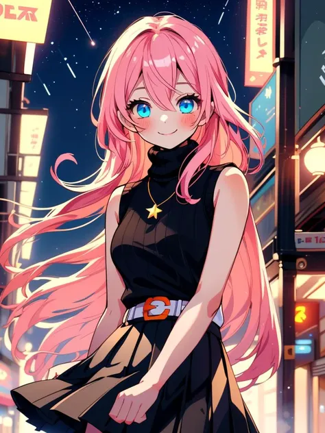 /imagine an anime picture in (Ultra-HD-details, discreet, emphasized-details, life-size-body, cutesie)
50mm lens
aperture opening of f/4.0
(cinematic light, depth of field, vivid colors like HDR+, sharp focus)
The youthful top model is posing for this image that frames (upper body) in a (night city background with starry night, fantasy, glowing), this top model is
1girl, pink hair, long hair, (Her silky hair sways in the wind), vivid blue eyes, hair between eyes, blush, confident smile, closed mouth, very cute, bangs, medium breasts, smile, (dressing a sweater, turtleneck sweater, (sleeveless), necklace, skirt, pleated skirt, (black skirt), black belt)
\\ Made with ONE FOR ALL checkpoint by Chaos Experience @ https://civitai.com/user/ChaosExperience/ \\