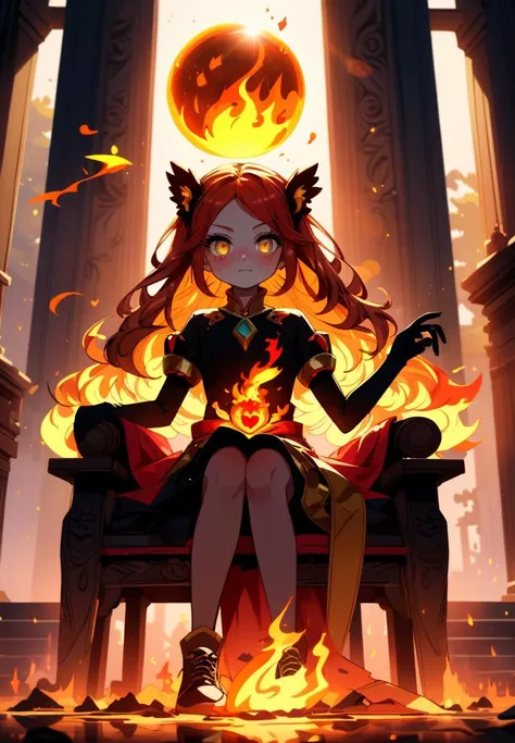 (Ultra-HD-details, discreet, emphasized-details, life-size-body, cutesie)
midst the sun's embrace, a fiery dance, A visage bold, with eyes like molten gold. In tresses red, the whispers of romance, A tale of youth and spirit, fierce and bold.
She sits enthroned in hues of blazing sun, A summer queen in warm, inviting glow. Her gaze a challenge, playful and yet spun With threads of wisdom only she could know.
A world in amber eyes, a fiery heart, With every glance, a new adventure starts. In silhouette of flame and shadow's art, She's nature's child, where daylight never parts.
This figure of the daylight's brightest gleam, In vivid dreams where poets sit and dream.