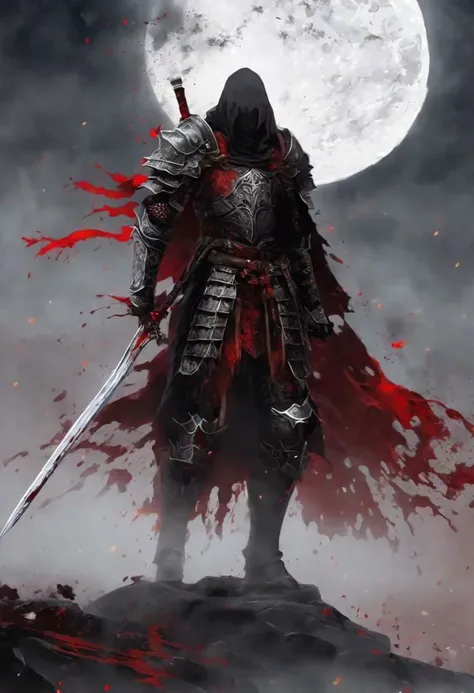 a man , clad in dark mist , wearing black and red and white armor, he has blood stains on him, his armor is damaged , he wields a long sword, his eyes are dark red, he wears a helmet, behind him is a huge white gate and the area around him is stained with blood and black mist, and a blood red moon in the sky, night sky