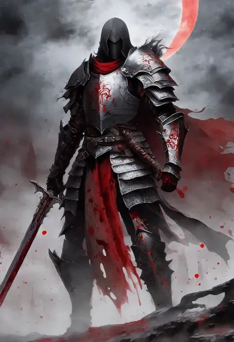 a man , clad in dark mist , wearing black and red and white armor, he has blood stains on him, his armor is damaged , he wields a long sword, his eyes are dark red, he wears a helmet, behind him is a huge white gate and the area around him is stained with blood and black mist, and a blood red moon in the sky, night sky